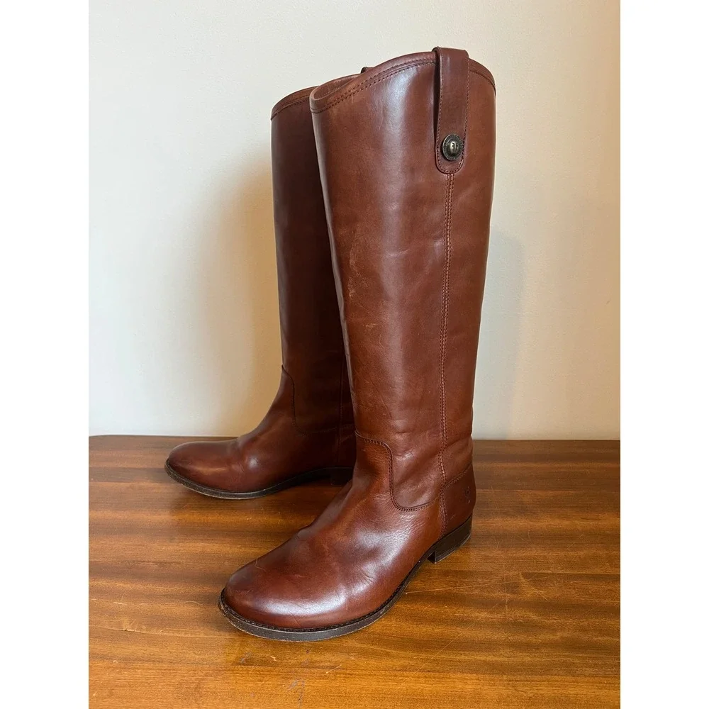 FRYE Melissa Lug Button Tall Riding Boots 77167 Brown Leather Side Zip W Size 7‎